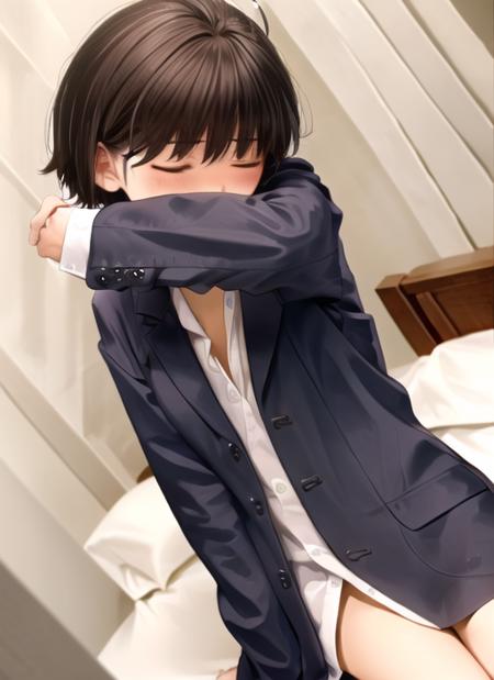 <lora:Smellingself2:0.7> Smellingself2, 1girl, solo, blush, short hair, brown hair, shirt, closed eyes, open clothes, sleeves past wrists, dutch angle, open shirt, dress shirt, bed, bottomless, antenna hair, sleeves past fingers, naked shirt, oversized clothes