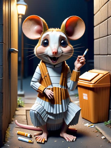 ral-cigarette, a mouse smoking a cigarette looking super confused, sitting in a alley behind a shopping center with a trash bin <lora:ral-cigarette-sdxl:1>