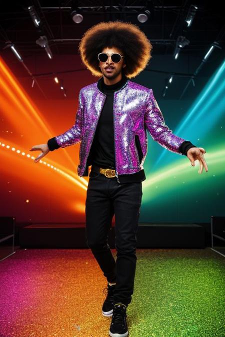 raw photo, upper body, disco, (80s, retro:1.1), dance floor, lasers, rainbow theme, a dancer man, 30 years old, sunglasses, big afro, (manly, wide jaw:1.2), dark skin, sparkly jacket, golden shirt, (vibrant colors:0.9),