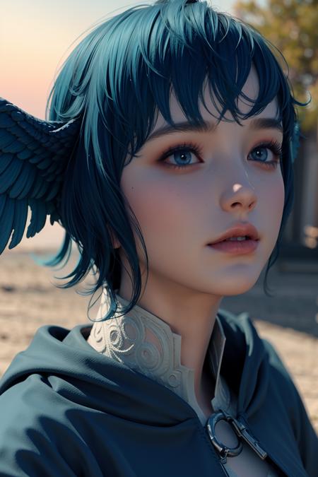 (8k, RAW photo, best quality, masterpiece:1.2), (realistic, photo-realistic:1.4), ultra-detailed, perfect detail ,make up,blue hair, head wings, jewelry,  bird tail,blue eyes, glowing eyes, looking at viewer, upper body, detailed eyes, bird legs,  short hair,blue eyes, realistic, bangs, Meteion, small breasts, completely nude, see-through shirt, <lora:Meteion:0.7> female pov,