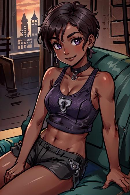 1girl,idiratlass,solo,sitting on couch,tank top,athletic shorts,purple eyes,very short hair,((gothic architecture)),happy,smiling, <lora:IdiraTlass:0.8>, <lora:LORA-XenoDetailer-v2:0.1>, <lora:skin_tone_slider_v1:3.8>