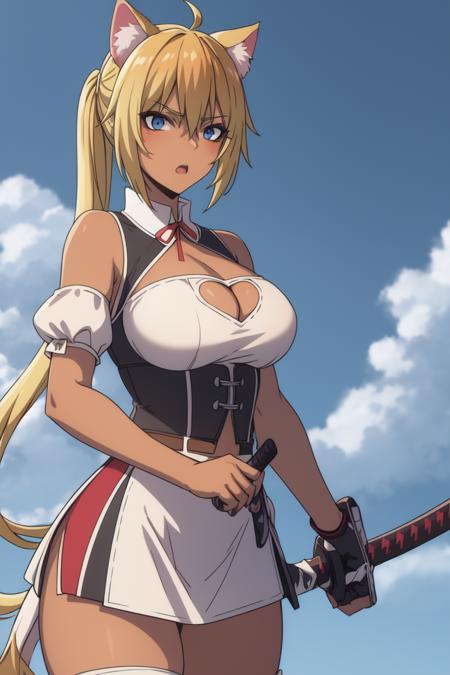 Bertrand 
<lora:BertrandV1:0.8>
((best quality)), ((masterpiece)), (detailed)
1girl, animal_ears, baseball_bat, blonde_hair, blue_eyes, blue_sky, breasts, cat_cutout, cat_ears, cleavage, cleavage_cutout, clothing_cutout, cloud, dark_skin, day, frills, hair_between_eyes, heart_cutout, holding, holding_baseball_bat, holding_sword, holding_weapon, katana, long_hair, looking_at_viewer, medium_breasts, open_mouth, outdoors, over_shoulder, puffy_short_sleeves, puffy_sleeves, short_sleeves, sky, solo, sword, sword_over_shoulder, weapon, weapon_over_shoulder, wooden_sword