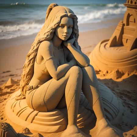 a (sandsculpturecd, sand) girl statue, (solo:1.2), (sandsculpturecd:1.2) bikini,sitting, long hair, sexy pose, on the beach, <lora:sandsculpturecd-000004:0.5>, no humans, high quality, masterpiece, realistic, photorealistic, long-focus, (looking at viewer, full body, outdoors, front light, depth of field, light color)