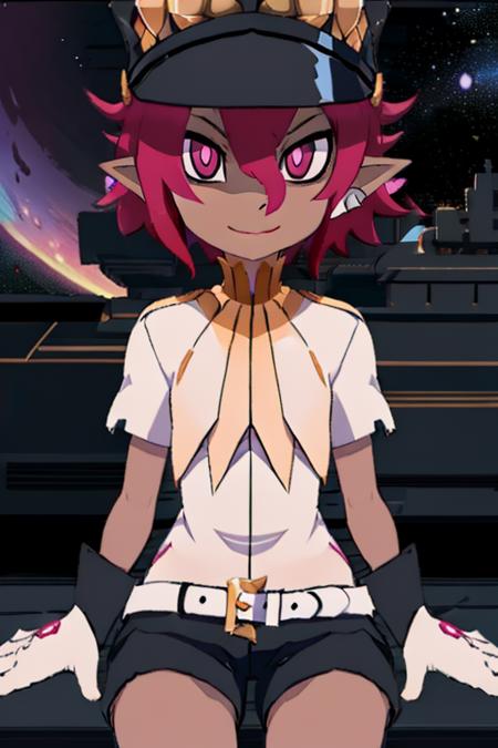 Psychic, short  lavender hair , pink eyes, pointy ears ,dark skin ,   sitting,  
white shirt, black shorts, 
outer space, milky way, stars, open military base, 
(insanely detailed, beautiful detailed face, masterpiece, best quality)       <lora:Psychic:0.8>