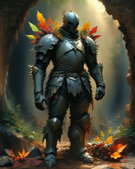 male massive earth elemental made of rock and dirt in the style of Roger Dean threatening a knight in shining armor , full body, large thorn leaves, transparency, sheen, imaginative lighting with reflections and refractions, colorful light, dark background,  magical cavern with hard lighting, hyper realistic, High definition, <lora:add-detail-xl:0.75> <lora:xl_more_art-full_v1:0.5>,  <lora:SandraChevrierXL:1> sachr,  <lora:Ben Aronson Style:1> Ben Aronson Style page,  <lora:MJ52:0.4>