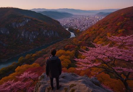 score_9, score_8_up, score_7_up, 
vibrant, ultra realistic, Movie Still, Cinematic Shot, Cinematic Lighting, Cinematic,
detailed, high resolution, 4k, 
dawn, autumn, a man observes the scenery from atop a cliff, sakura trees, vibrant hues, view from above, faceless,