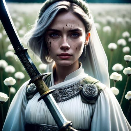 Super Closeup Portrait, action shot, Profoundly dark whiteish meadow, glass flowers, Stains, space grunge style, Jeanne d Arc wearing White Olive green used styled Cotton frock, Wielding thin silver sword, Sci-fi vibe, dirty, noisy, Vintage monk style, very detailed, hd,

