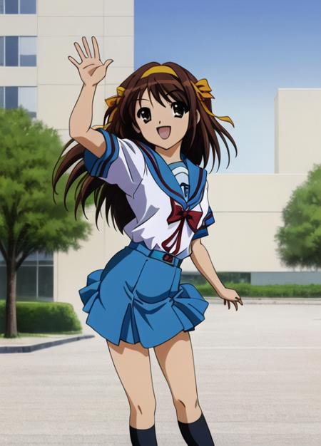 <lora:HaruhiSuzumiya:0.6>,very detailed ,highres,(masterpiece_1.0),(best quality_1.0),1 girl, solo,haruhi suzumiya, standing, waving hand, school uniform,yellow hairband, full body, looking at viewer,