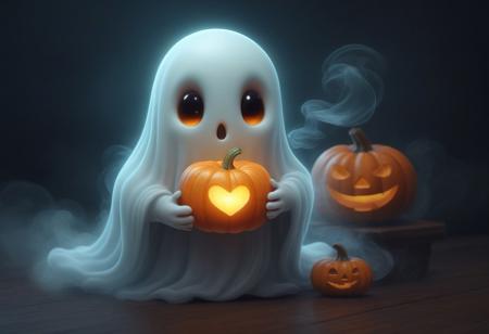 digital art of an adorable ghost, glowing within, holding a heart shaped pumpkin, Halloween, smoke, high quality, masterpiece,