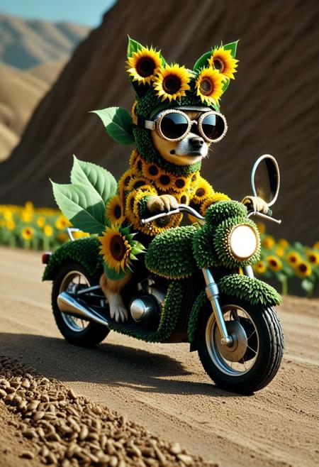Made of Sunflowers, from side, closeup cute small motorcycle Made of Sunflowers, chihuahua driving, (wear round goggles:1.2), wear animal ears helmet Made of Sunflowers, run through on mountain dirt road, Dust, cinematic, cinematic lighting, (masterpiece, best quality:1.4), ultra-high res, 4k, Photorealistic, insanely detailed, sfw,