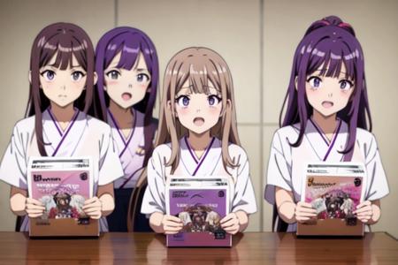 4girls, bangs, blush, brown_eyes, brown_hair, eyebrows_visible_through_hair,  long_hair, looking_at_viewer, microphone, open_mouth, purple_eyes, purple_hair, side_ponytail, ,(megami magazine:1.2),(anime coloring:1.5), (realistic_nose:-1)