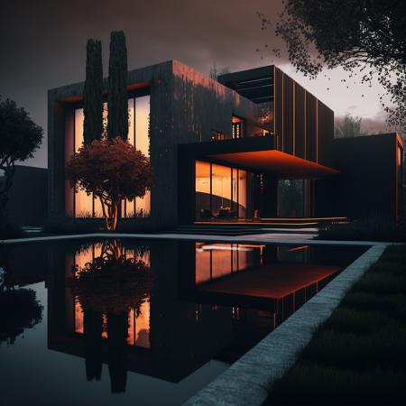 cinematic hyper realistic photograph of black concrete and and corten modern minimalist villa with open living room and dining room architecture with artificial lighting and illuminated swimming pool garden with olive trees infinite pool unreal engine 5 photography ultra - wide angle depth of field hyper - detailed insane details intricate details beautifully color graded unreal engine photoshoot shot on 25mm lens dof tilt blur shutter speed 1/ 1000 f/ 22 white balance 32k super - resolution megapixel pro photo rgb vr lonely good massive half rear lighting backlight natural lighting incandescent optical fiber moody lighting cinematic lighting studio lighting soft lighting volumetric conte - jour beautiful lighting accent lighting global illumination screen space global illumination ray tracing global illumination optics scattering glowing shadows rough shimmering ray tracing reflections lumen reflections screen space reflections diffraction grading chromatic aberration gb displacement scan lines ray traced ray tracing ambient occlusion anti - aliasing fkaa txaa rtx ssao shaders opengl - shaders glsl - shaders post processing post - production cell shading tone mapping cgi vfx sfx insanely detailed and intricate hyper maximalist elegant super detailed dynamic pose photography volumetric ultra - detailed 8k ambient occlusion volumetric lighting high contrast hdr