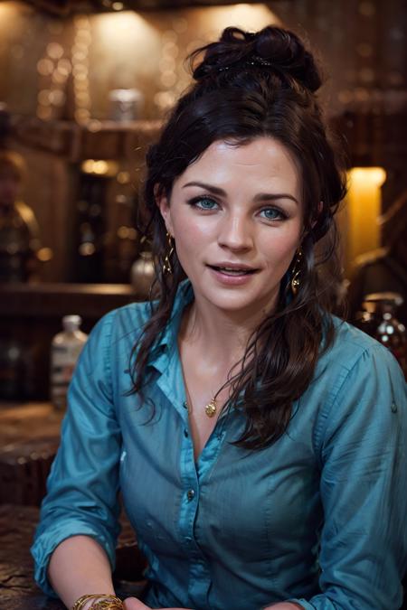 beautiful laughing (Aisling Bea) western RPG character brunette hair upsweep updo button shirt at a cantina sitting bar tequila liquor bottles, surrounded by cowboys, Lighting-Gold (dark moody ambience:1.2) (masterpiece:1.2) (photorealistic:1.2) (bokeh) (best quality) (detailed skin:1.2) (intricate details) (Clutter-Home) (8k) (HDR) (cinematic lighting) (sharp focus) <lora:Aisling-Bea-v10:0.7>