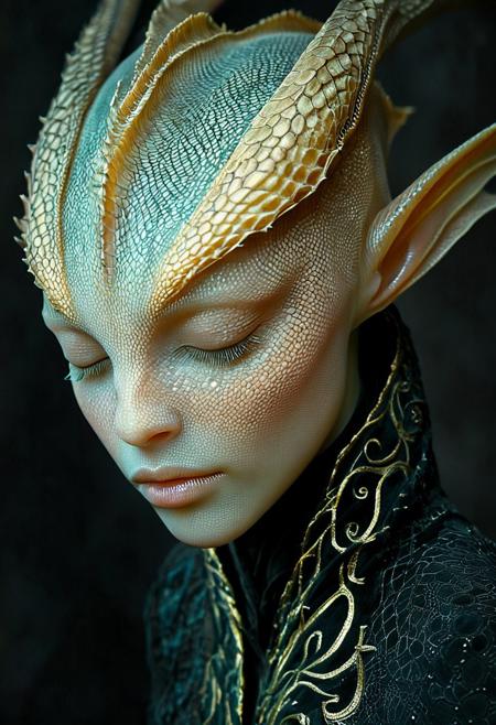 The image is a highly detailed, digital CGI artwork depicting an ethereal, otherworldly being with an androgynous appearance. The subject has a pale, almost translucent skin with a scaly, reptilian texture on the face, similar to a gecko's skin. Their face is elongated with a delicate, almost alien nose and large, almond-shaped eyes closed, giving a serene expression. The eyes have intricate, reptilian patterns around them, enhancing the alien aesthetic. 
The being has two large, curved, horn-like structures protruding from the top of its head, which are a lighter shade of pink with a darker, scaly pattern that matches the face. The ears are pointed and elongated, typical of elven or fae-inspired beings.
They wear an intricate, dark, ornate garment with intricate, swirling gold patterns that seem to be a part of their outfit rather than separate fabric. The clothing appears to be a blend of dark, almost black material with a shimmering, metallic gold overlay, adding to the ethereal, mythical appearance. 
The background is a deep, dark, and mysterious fabric draped in a way that suggests a luxurious, perhaps velvet texture, which contrasts beautifully with the ethereal being.