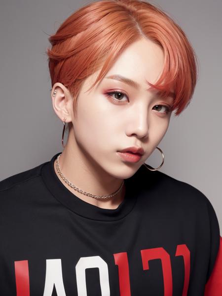 close-up portrait of a man , (black and red urban streetwear),  red lips,  blonde hair, k-pop, ulzzang, <lora:Kpop Boy:0.6>