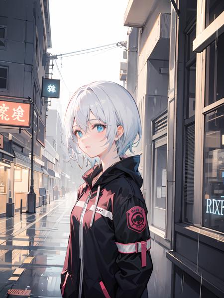 masterpiece,best quality,1girl,yanhe,short hair,white hair,<lora:yanhe-000006:1>,upper body,rain,neon lights,