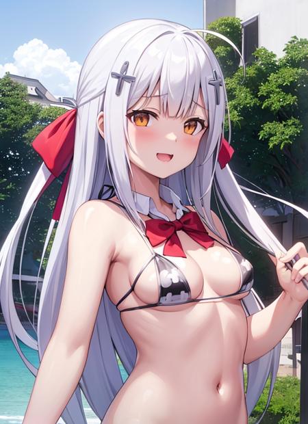 raphiel, 1girl, open_mouth, outdoors, solo, beach, ocean,  smile, (swimsuit), (bikini:1.2), cloud, upper_body, eyebrows_visible_through_hair,  <lora:Raphiel_v1-000019:0.5>, (red bow), hair ornament, (illustration:1.1),(best quality),(masterpiece:1.1),(beautiful and clear background:1.25),(extremely detailed CG unity 8k wallpaper:1.1), (colorful:0.9),(depth of field:0.75)