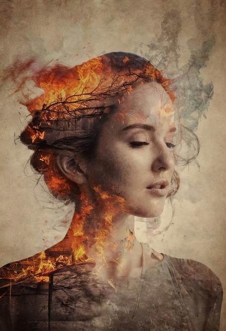 Create a haunting double exposure photograph of a woman, with her back superimposed over her face, softly lit and looking directly at the viewer. The image should be overlaid on a burnt paper texture, with fiery elements and vibrant color fragments bursting through the cracks, as if the paper is being consumed by flames. The double exposure effect should blend seamlessly, with the woman's face and the burnt paper merging into a dreamlike and surreal scene, full of warmth and intensity