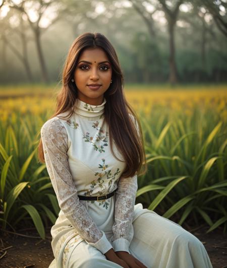 s4ar0m, nature, Spectacular light, Colorful flowering, 8k, soft lighting, high quality, film grain, Olympus OM1 sharp focus, f 3.4, (eye shadow), (eyeliner), ((detailed eyes)), (seductive pose), upper body, smile, upper body, dress, Long dress, breast, Turtleneck, Kaziranga National Park