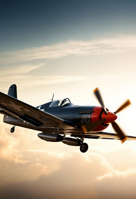 masterpiece, photograph, Vought F4U Corsair bf-109, ww2, vibrant, romantic, dynamic
