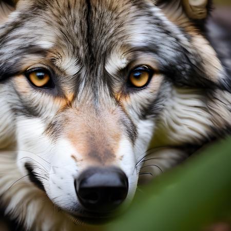 A beautiful, vivid photograph of a grey wolf curled up close to the camera lens with a contented look on her face, taken with a Sigma 85mm f/1.4