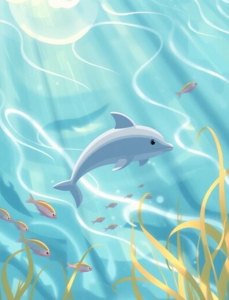in this beautiful artwork,  a cute chibi dolphin is swimming in the sea, surrounded by fish group and sea grass, in the sunlight, beautiful light and shadow of the waves

