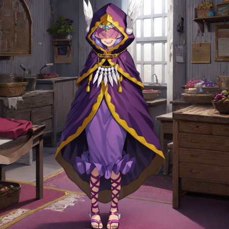 a cartoon character that is wearing a purple cape and hood, and has long hair, solo, sandals, full body, sharp teeth, feathers, smile, hood, indoors, room background, covered eyes, 