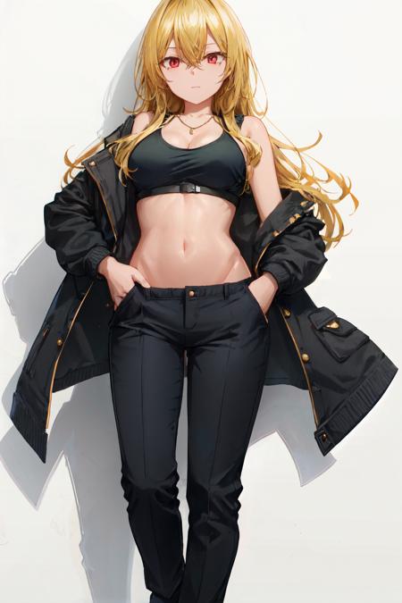 <lyco:free_style:1.0>free style, 1girl, solo, blonde hair, long hair, breasts, pants, navel, jacket, midriff, black pants, crop top, looking at viewer, red eyes,jacket on shoulders,  shirt, hand in pocket, plant, stomach, holding, bangs, large breasts, hair between eyes, jewelry, black shirt, standing, sleeveless