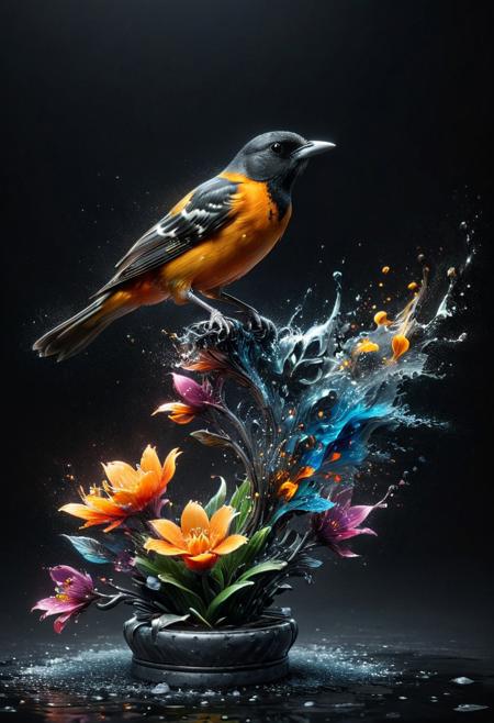 A bird, baltimore oriole,
amazingly fluid, 
detailed, 
3d fractals, 
light particles, 
water drops, 
shimmering light, 
dreamy, 
surreal, 
alcohol ink, 
smooth, 
shimmering, 
dreamy glow, 
16k, 
intricate artwork masterpiece, 
ominous, 
matte painting movie poster,  
trending on cgsociety, 
intricate, 
epic, 
trending on artstation, 
highly detailed, 
vibrant, 
production cinematic character render, 
ultra high quality model
