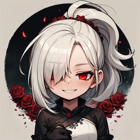 1girl, solo, detailed eyes, detailed iris, mature face, mature, detailed face, shining short hair, wild and messy hair, (hair over one eye:1.3), high ponytail, sidelocks, white hair, reddish pink eyes, (glowing eyes:1.3), blush, crazy smile, creepy smile, white floral long wedding dress, white elbow gloves, rose garden scenery, morning, ink, (blurry background, blurry foreground, depth of field, ambient lighting:1.3), atmospheric, intricate details, cinematic lighting, dripping, traditional texture, leaf, scenery, swirling mist, (rainbow mist:1.2), ink, (sfw), (chibi:1.3), <lora:Ink scenery:0.8>