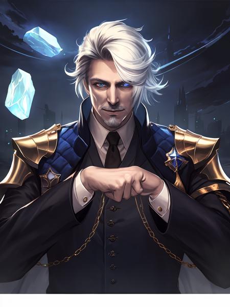 masterpiece,best quality,highres,cinematic lighting,dramatic angle,<lora:ShadowverseVincentV4-000021:0.8>  ,1man,old,formal,suit,tie,white hair,collar,medal,(beard:0.86),looking at viewer,magic,rune,floating objects,crystals,aura,smile,shushing,hand on own cheek,armor,glowing eyes,cowboy shot,portrait,floating hair