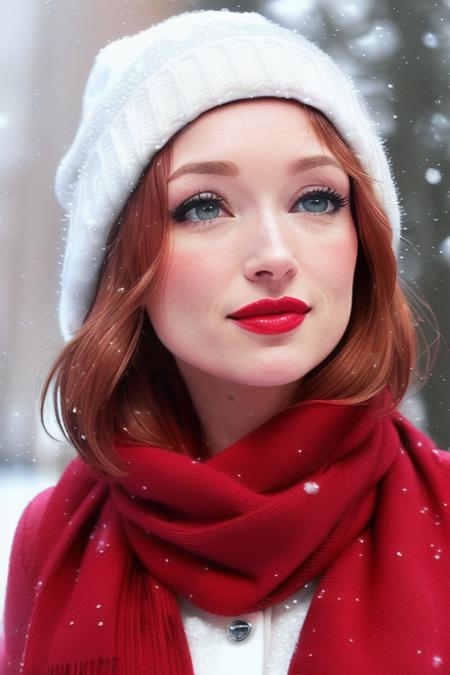 photo of a woman, elliek:0.99,((short hair):1.2), ((pale skin)), (closeup, portrait),((outdoors, city, snow):1.2),((red lipstick,heavy eyeliner, heavy eye shadow, blush):1.2), ((warm hat, scarf), ((best quality, masterpiece, extreme details, high resolution):1.2),((detailed eyes, beautiful eyes, detailed face, beautiful face):1.2), smiling