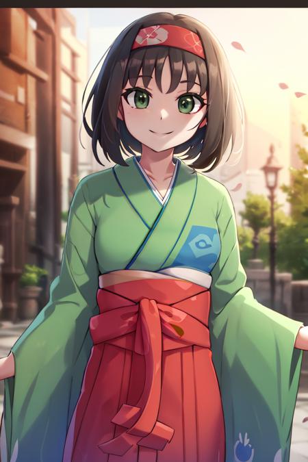 Erika_Pokemon, green eyes, short black hair, kimono, hakama, red hairband, 