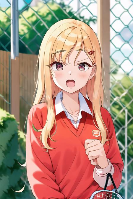 Saki, blonde hair, hairpin, (tied hair),  (sport clothes), tennis, sport sweater,  red sweater, tired, racket, holding racket, open mouth, arms out, outside, school, PE