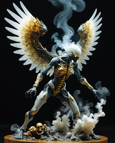 colored smoke forming a young female alabaster soldier, viewed from behind, gold, chrome, LABRADORITE, crouched and firing from side view, smoke emitting and condensing, angelic wing flapping, liminal space, Synthesis, Phase Harmony, relief, Silk, Fourier, Bekeshi and Surface, by Ashley Wood, mechanical and organic background, contrast of light and dark, surreal atmosphere, Eldritch abomination, amorphous shapes, chaotic forms, unsettling textures, whispers from the void, haunting emanations, shadowy depths, incomprehensible horror, eerie, otherworldly, grotesque amalgamations, blood, (full body:1.5), Philippe Druillet Style