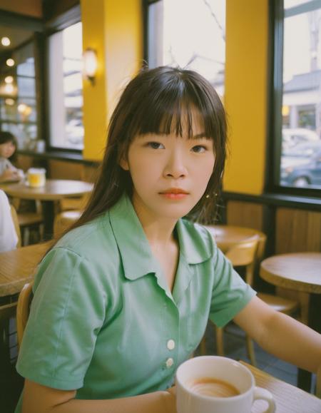 masterpiece of analog film photograph a girl in the cafe,,, taken by Hideaki Hamada using Pentax 67II and Kodak Portra, <lora:closemouth:0.75>,