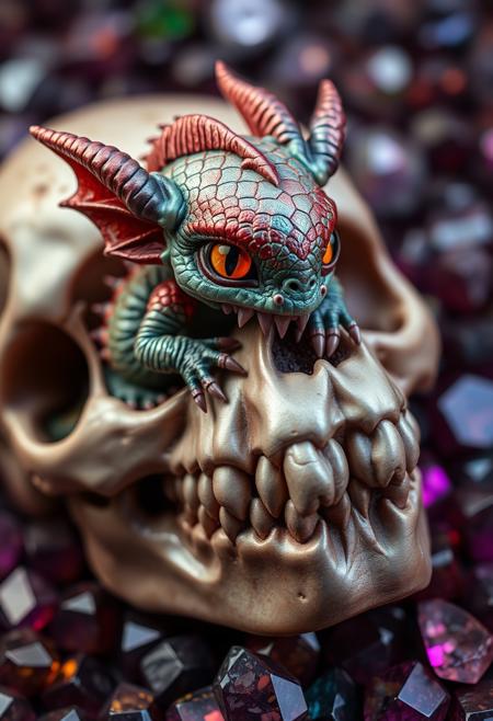 An adorable small dragon gnaws on a huge skull. Small pointy dragon teeth.  Iridescent dragon scales.  Glowing orange eyes. Background filled with multicolored gemstones.