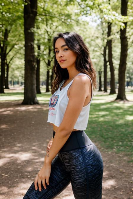 RAW photo of mackjo, portrait, Sleeveless tunic and leggings for a yoga session in the park, (high detailed skin:1.2), 8k uhd, dslr, soft lighting, high quality, film grain, Fujifilm XT3 , <lora:mackjo:1>