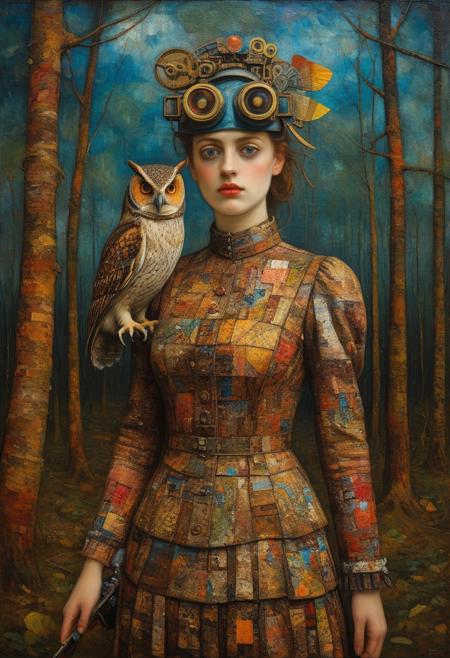 detailed photorealistic image, a steam punk fashioned woman with blindfold standing in woods and an owl is on her shoulder, colorful mechanical parts, (oil painting:1.5), in (abstract art:1.5) style, (by John Everett Millais:1.1), (by Paul Klee:1.7),  directional lighting, masterpiece, perfect composition, abstract glitch, from above, masterpiece,best quality,very aesthetic, absurdres,
