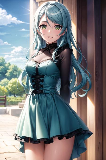 (masterpiece, best quality, ultra-detailed), (illustration), (beautiful detailed eyes), <lora:add_detail:0.6>,
(1girl), (solo), hikawa sayo, long hair, (aqua hair:1.2), (green eyes:1.1), hair ornament, <lora:SayoV1:0.5>
(dress, frills:1.3)
(outdoors, greenary:1.2)
looking the viewer, smile, parted lips, (standing:1.5),  (arms behind back:1.3), (cowboy shot),