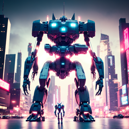 photo, a giant robot standing in the middle of a city at night  (HeavyMecha style:1) <lora:djzHeavyMechaV21:1>