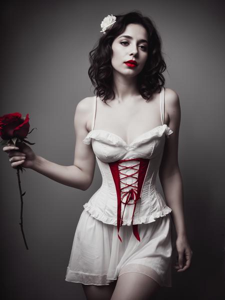 1girl, solo, cute, innocent, shaggy, greek, 35 years old, (sad:0.9), (doom babe), looking for love, adventurous, mysterious, (closed eyes:0.6), white (cotton:0.85) dress, (tight) corset, (rose:0.9), professional photo by George, (greyscale), (red rose, red lips), dark background, myst, (smoke:0.6)