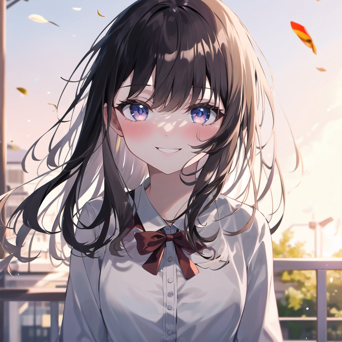 high quality, best quality, masterpiece, absurdres, 1girl, school yard, sunny, smile, looking_at_viewer, blush
