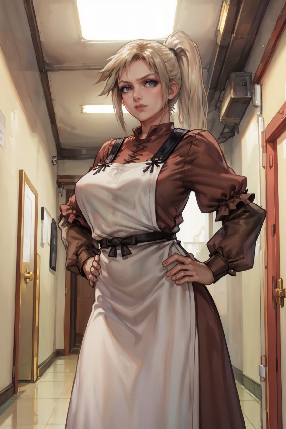 masterpiece, best quality, 1girl, solo <lora:ff7claudia-nvwls-v1-000009:0.8> ff7Claudia, ponytail, brown dress, apron, lon...