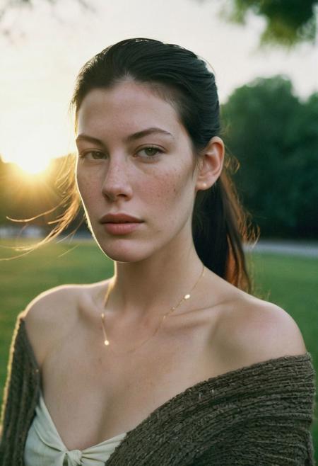 Grainy lowfi desaturated film photograph taken in a city park at dusk. Heavy Bokeh effect with focus on her green eyes, blurry background. A pretty young woman of northern Italian heritage wraps her brown cardigan around her bare shoulders. Goosebumps on a bare exposed shoulder. She wears the cardigan over a little summer sun dress and is chilly as the cool wind blows loose stands off her long black hair in her eyes. Tight ponytail. Fine Delicate thin gold chain necklace. She resembles Liv Tyler. The setting sun casts soft light into her eyes. Full soft cheeks and softer jawline, soft rounder oval face with the lightest freckles.