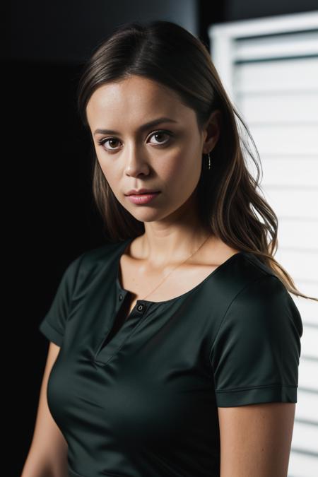<lora:summ3rgl4u:0.9>, a Realistic photo of a summ3rgl4u woman, long hair, breasts, looking at viewer, brown hair, shirt, dress, brown eyes, collarbone, short sleeves, parted lips, lips, realistic, professional Photography, Photorealistic, detailed, inside a dark Studio Room background, blurred background, RAW, analog, sharp focus, 8k, HD, DSLR, high quality, Fujifilm XT3, film grain, award winning, masterpiece