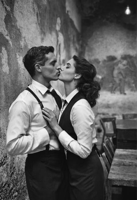 black adn white photography,  italian waiter and waitress kissing,  old fresco wall, old caffee, dark backyard, spotlight, breasts, open white shirt, untied black necktie , black trousers, (cinematic), (film grain) <lora:stvmccrr:1>