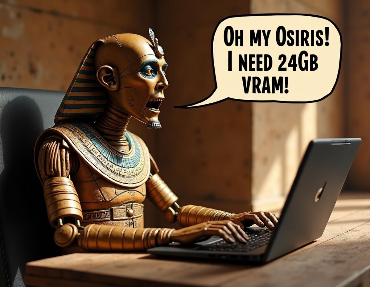 ancient Egyptian interior, masterpiece pharaoh's mummy sits at the laptop, staring at the laptop screen with shocked expression. The text bubble speaks: "Oh my Osiris! I need 24Gb VRAM!" 