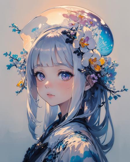 (masterpiece:1.1), (highest quality:1.1), (HDR:1.0), white background, scenery, ink, ink painting, (1girl:1.5), (girl portrait:1.5), sunset in the background, orchid, jellyfish, bioluminescent, symmetrical artwork