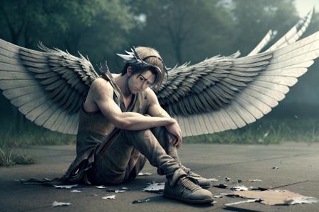 a raw photo 8k ultrahd realistic detailed 1man sitting on the ground with wings on it's head and a broken wing on his head, anime art,